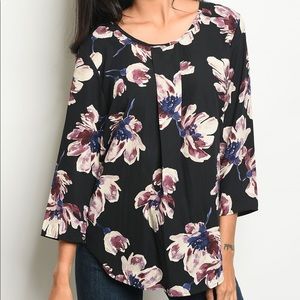 Floral, Front Pleated, 3/4 Sleeve Blouse